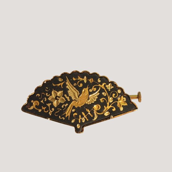 Vintage Damascene Brooch Small Gold Tone Black Enamel Fan Bird Floral Design - Picture 5 of 16